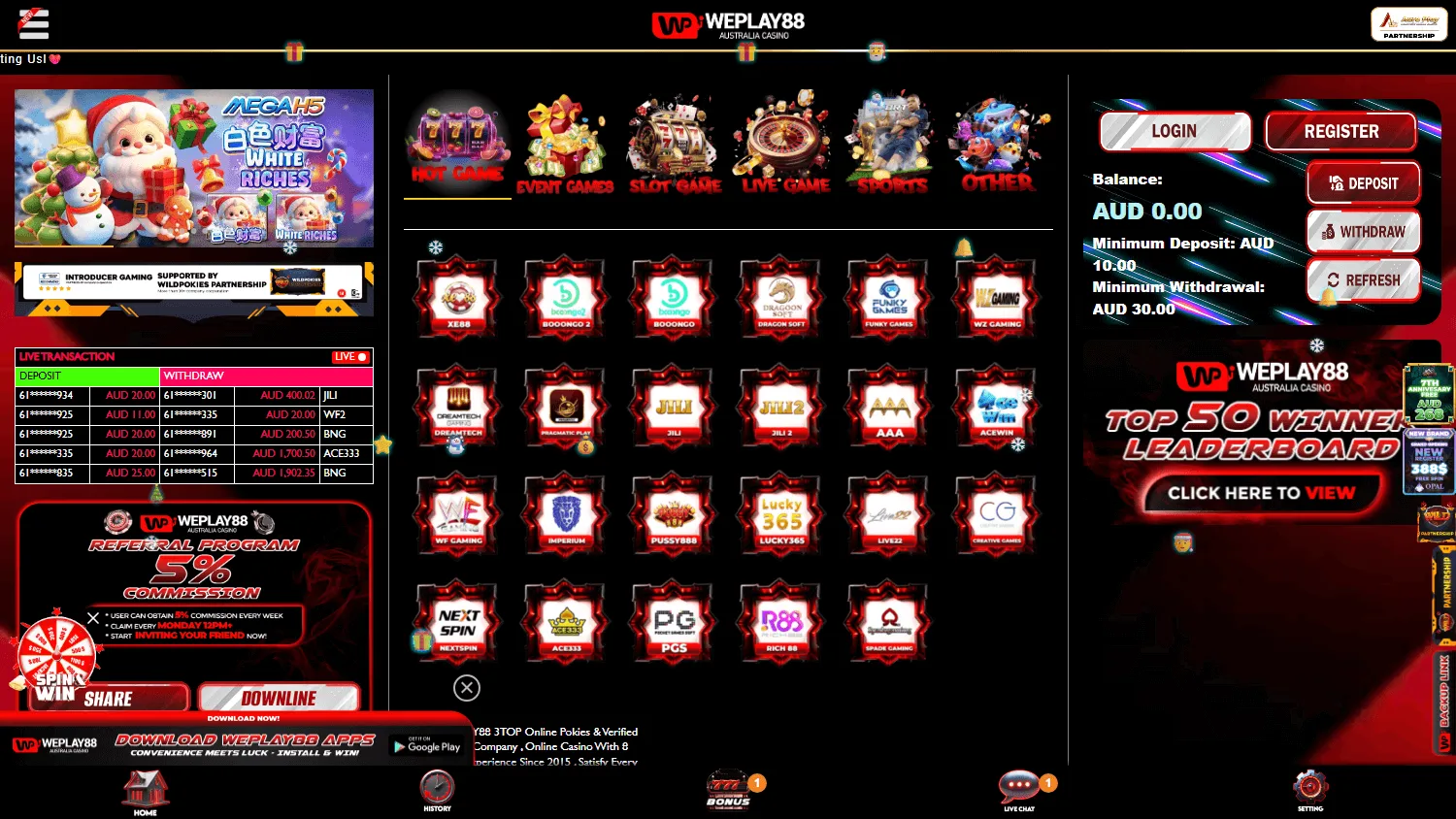 Weplay88 casino home screen on desktop
